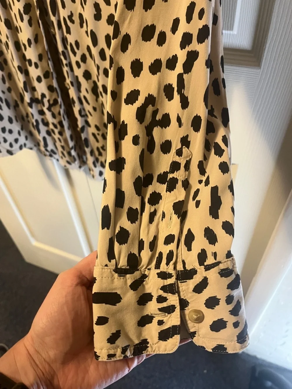 Chico's Taupe and Black Dotted Button-Front Blouse - Picture 4 of 5